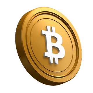 Elemento visual con una moneda Bitcoin BTC inclinada ubicada en la sección principal